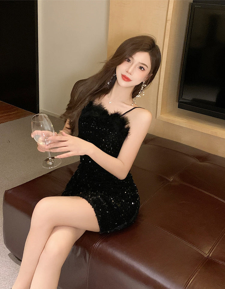 Vogue Women Paillette Mini Skirt Spaghetti Strap Sexy Party Hugging Short Dress AP0404