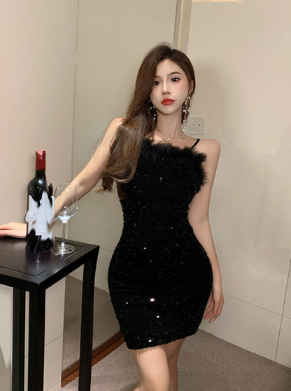 Vogue Women Paillette Mini Skirt Spaghetti Strap Sexy Party Hugging Short Dress AP0404