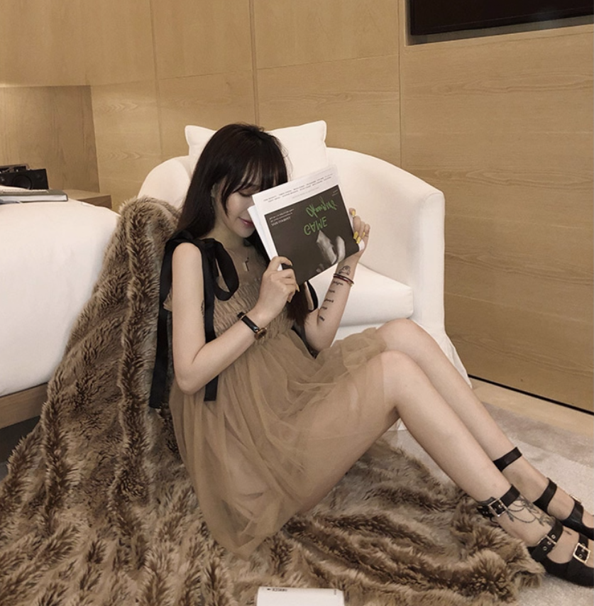 Everyday Wear Vogue Bowknot Strap Cute Full Skirt Double Layer Tulle Short Dress AP0405