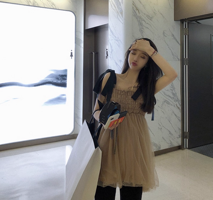 Everyday Wear Vogue Bowknot Strap Cute Full Skirt Double Layer Tulle Short Dress AP0405