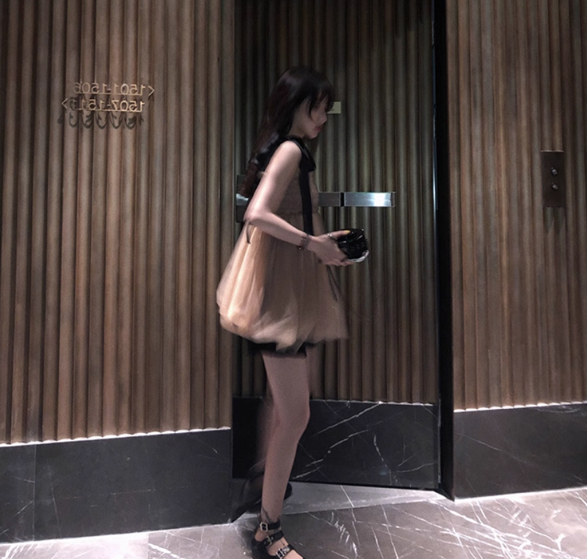 Everyday Wear Vogue Bowknot Strap Cute Full Skirt Double Layer Tulle Short Dress AP0405