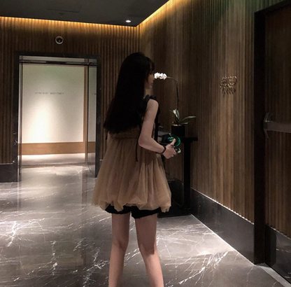 Everyday Wear Vogue Bowknot Strap Cute Full Skirt Double Layer Tulle Short Dress AP0405