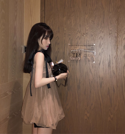 Everyday Wear Vogue Bowknot Strap Cute Full Skirt Double Layer Tulle Short Dress AP0405