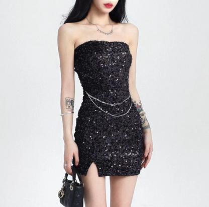 Hot Girls Sequin Sexy Party Dress Sleeveless Strapless Slit Hugging Short Dress AP0406