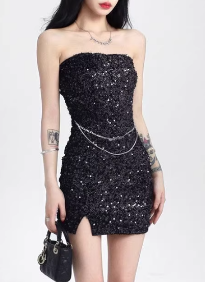 Hot Girls Sequin Sexy Party Dress Sleeveless Strapless Slit Hugging Short Dress AP0406