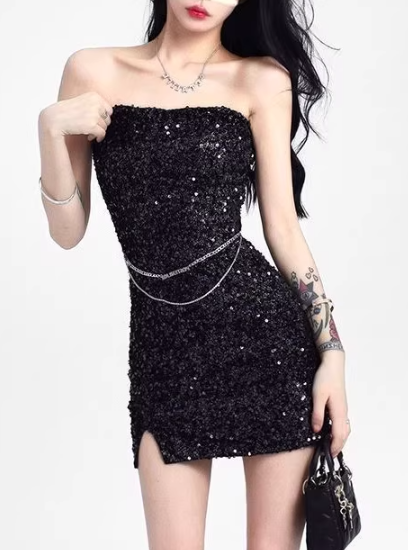 Hot Girls Sequin Sexy Party Dress Sleeveless Strapless Slit Hugging Short Dress AP0406