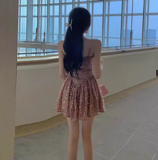 Elegant Sparkle Vogue Lustrous Skirt Party Shiny Waist-Cinching Short Dress AP0407