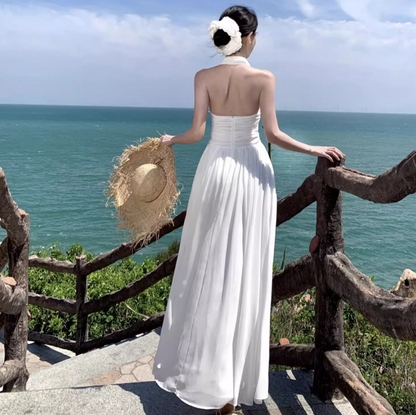 Lightweight Flowy Beach Vacation Sundress Breathable Fabric Backless Halter Long Dress AP0411