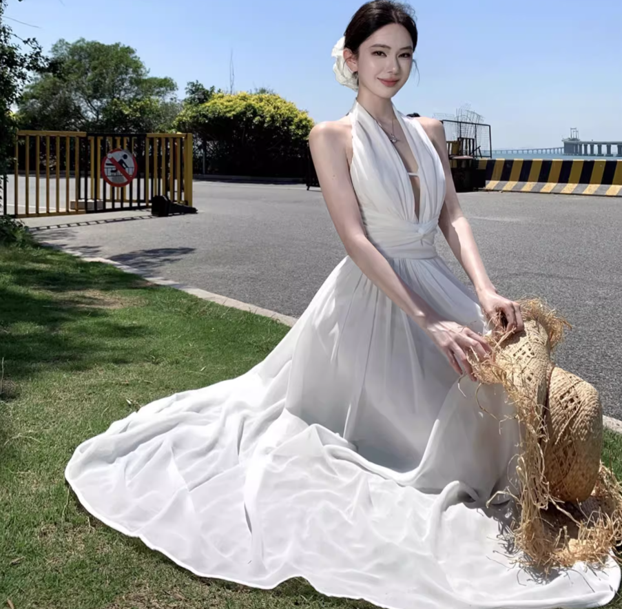 Lightweight Flowy Beach Vacation Sundress Breathable Fabric Backless Halter Long Dress AP0411