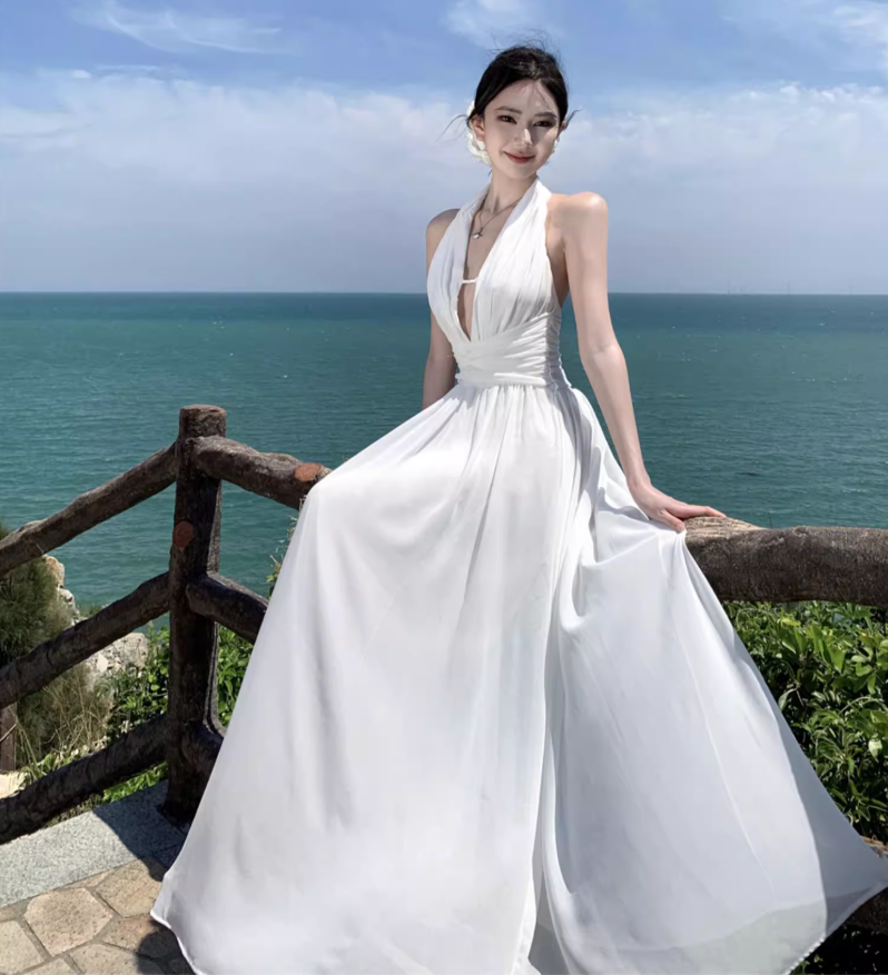 Lightweight Flowy Beach Vacation Sundress Breathable Fabric Backless Halter Long Dress AP0411