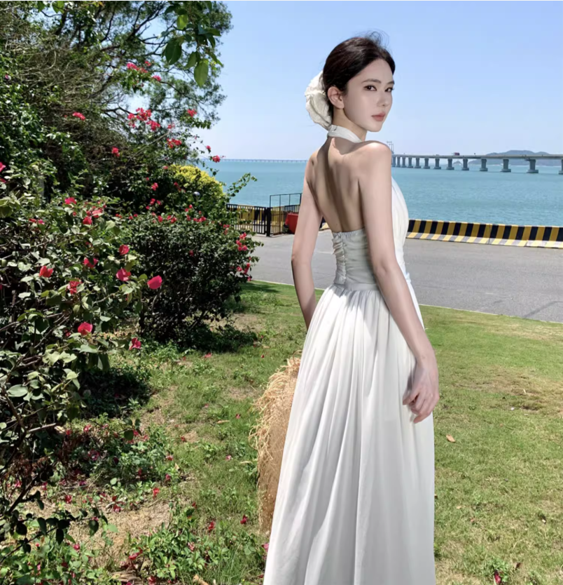 Lightweight Flowy Beach Vacation Sundress Breathable Fabric Backless Halter Long Dress AP0411