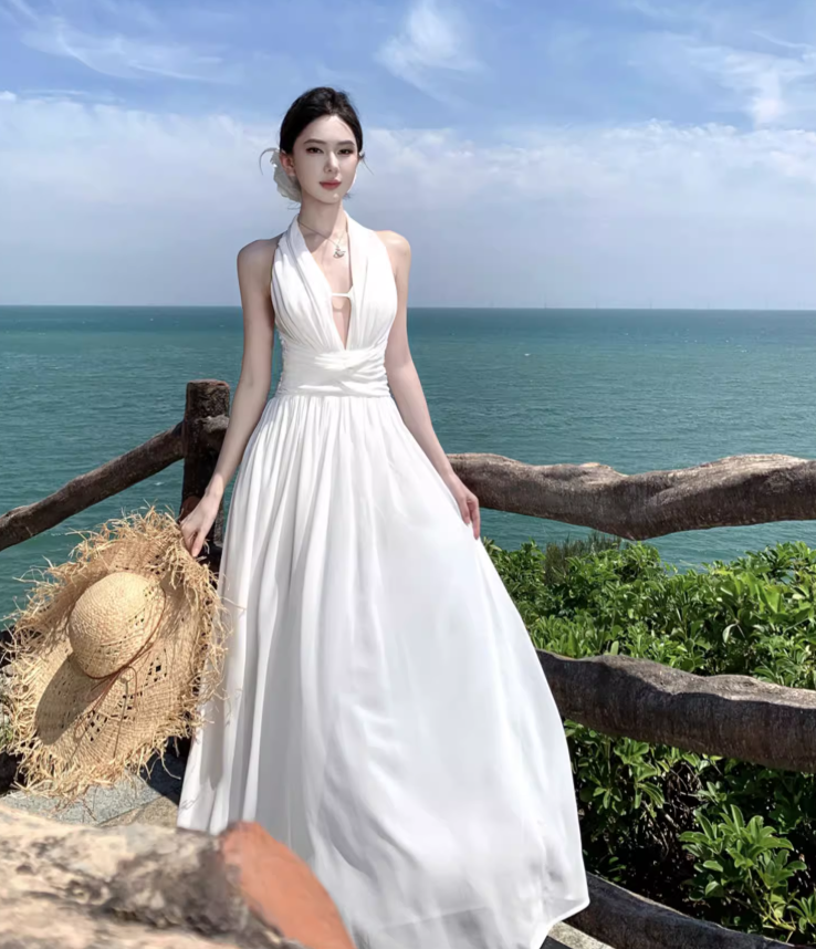 Lightweight Flowy Beach Vacation Sundress Breathable Fabric Backless Halter Long Dress AP0411