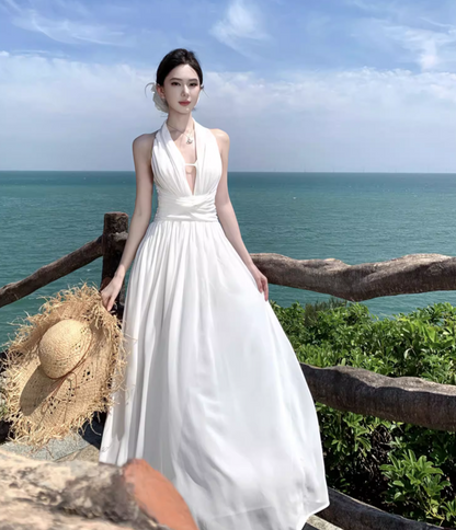 Lightweight Flowy Beach Vacation Sundress Breathable Fabric Backless Halter Long Dress AP0411