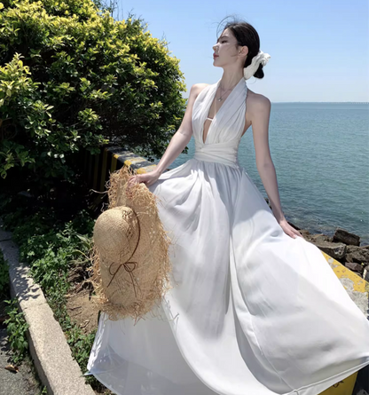 Lightweight Flowy Beach Vacation Sundress Breathable Fabric Backless Halter Long Dress AP0411