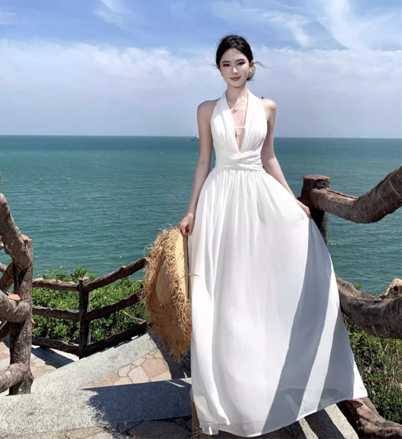 Lightweight Flowy Beach Vacation Sundress Breathable Fabric Backless Halter Long Dress AP0411