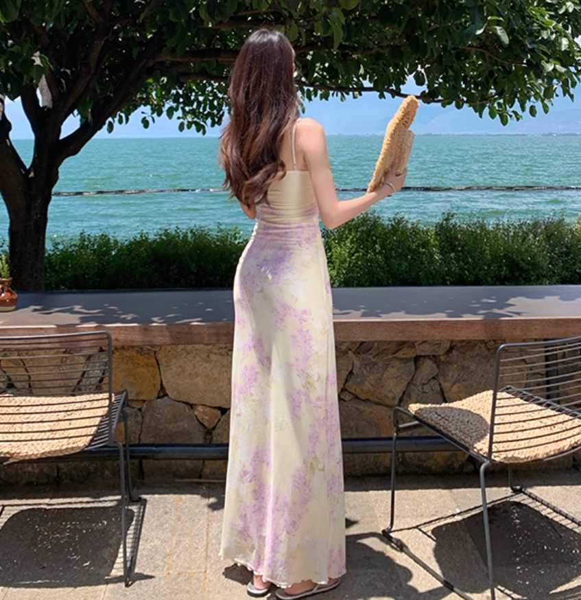 Summer Floral Print Flattering Bodycon Beach Sweet Sundress Spaghetti Strap Long Dress AP0412