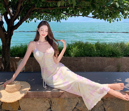 Summer Floral Print Flattering Bodycon Beach Sweet Sundress Spaghetti Strap Long Dress AP0412