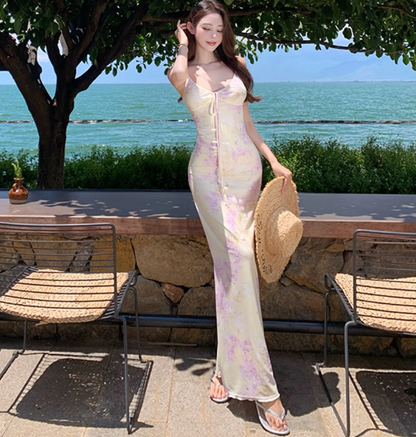 Summer Floral Print Flattering Bodycon Beach Sweet Sundress Spaghetti Strap Long Dress AP0412