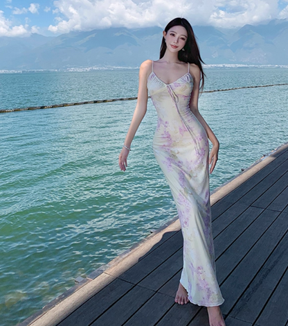 Summer Floral Print Flattering Bodycon Beach Sweet Sundress Spaghetti Strap Long Dress AP0412