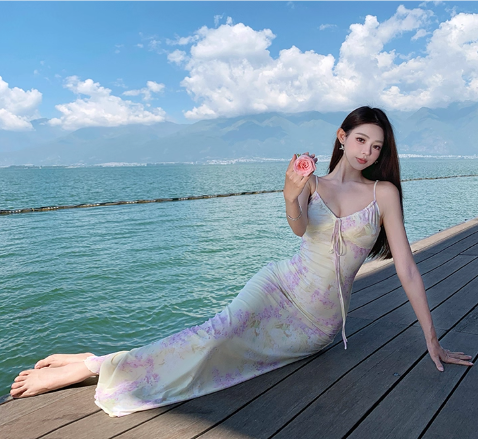 Summer Floral Print Flattering Bodycon Beach Sweet Sundress Spaghetti Strap Long Dress AP0412