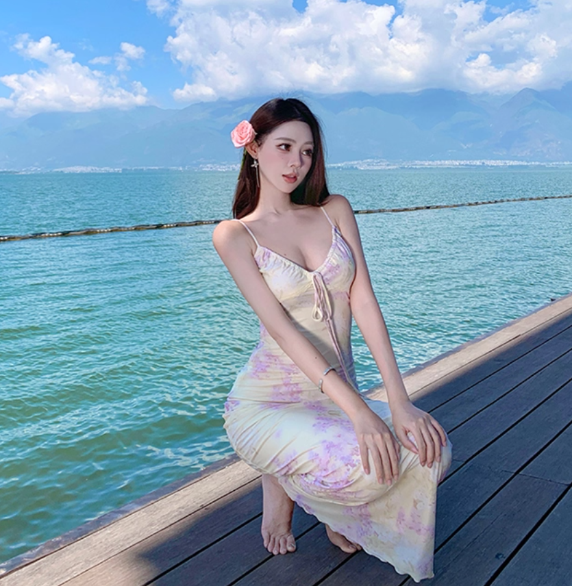 Summer Floral Print Flattering Bodycon Beach Sweet Sundress Spaghetti Strap Long Dress AP0412