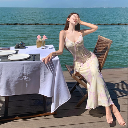 Summer Floral Print Flattering Bodycon Beach Sweet Sundress Spaghetti Strap Long Dress AP0412