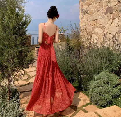 Fashionable Dot Print Red Backless Beach Elegant Sundress Spaghetti Strap Vacation Long Dress AP0413