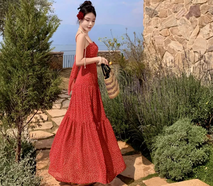 Fashionable Dot Print Red Backless Beach Elegant Sundress Spaghetti Strap Vacation Long Dress AP0413