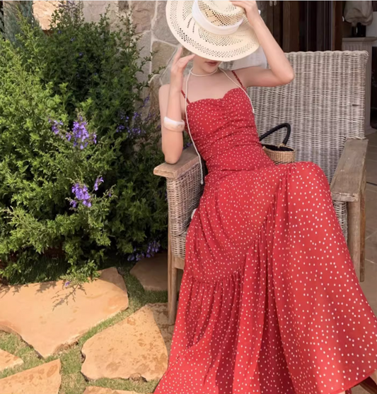 Fashionable Dot Print Red Backless Beach Elegant Sundress Spaghetti Strap Vacation Long Dress AP0413