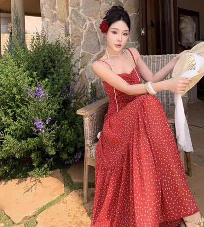 Fashionable Dot Print Red Backless Beach Elegant Sundress Spaghetti Strap Vacation Long Dress AP0413