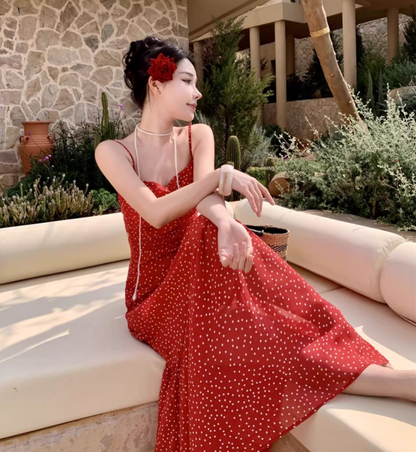 Fashionable Dot Print Red Backless Beach Elegant Sundress Spaghetti Strap Vacation Long Dress AP0413