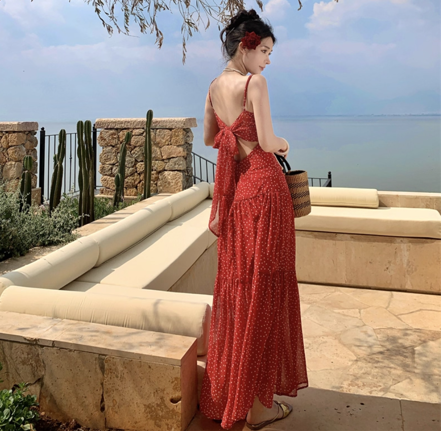 Fashionable Dot Print Red Backless Beach Elegant Sundress Spaghetti Strap Vacation Long Dress AP0413
