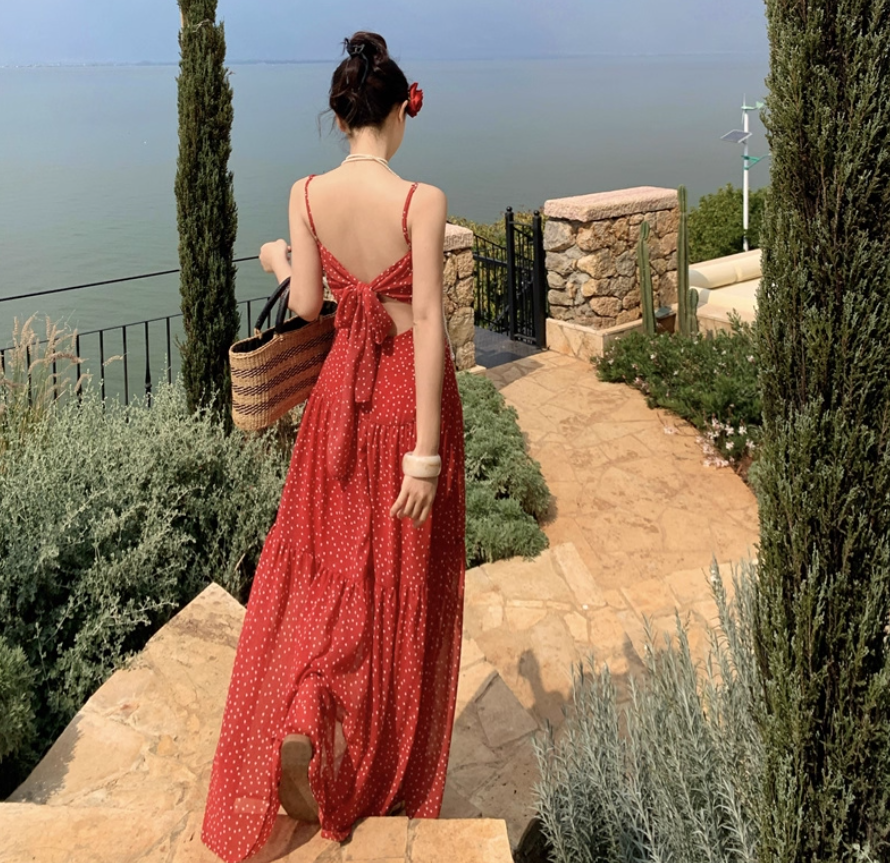 Fashionable Dot Print Red Backless Beach Elegant Sundress Spaghetti Strap Vacation Long Dress AP0413