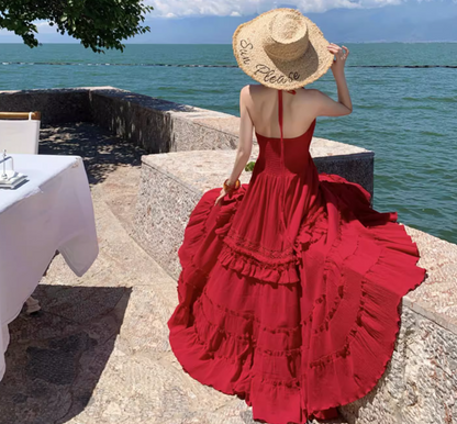 Ruffles Hem Lightweight Flowy Vacation Sundress Backless V Neck Halter Long Dress AP0414