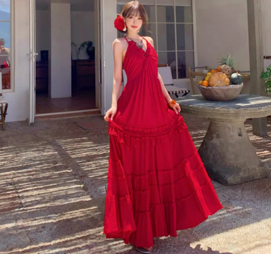 Ruffles Hem Lightweight Flowy Vacation Sundress Backless V Neck Halter Long Dress AP0414