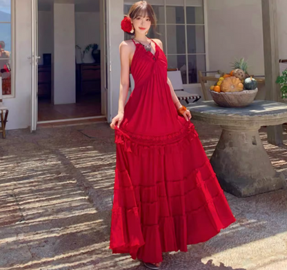 Ruffles Hem Lightweight Flowy Vacation Sundress Backless V Neck Halter Long Dress AP0414