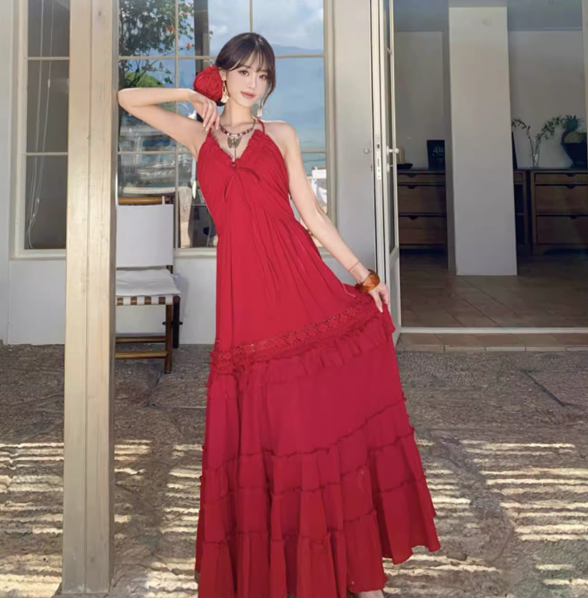 Ruffles Hem Lightweight Flowy Vacation Sundress Backless V Neck Halter Long Dress AP0414