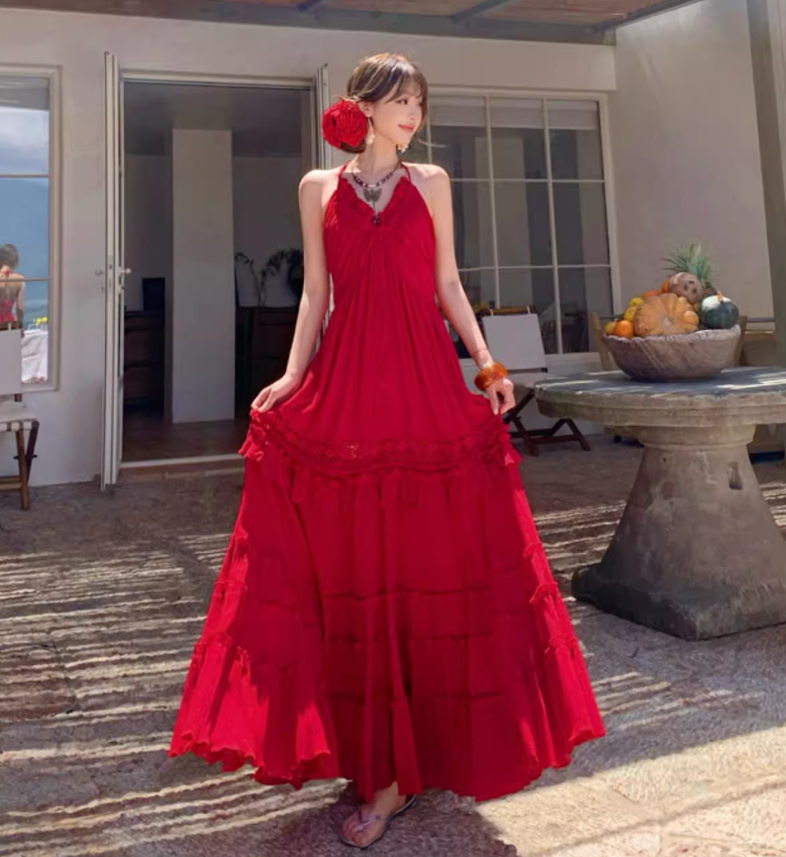 Ruffles Hem Lightweight Flowy Vacation Sundress Backless V Neck Halter Long Dress AP0414