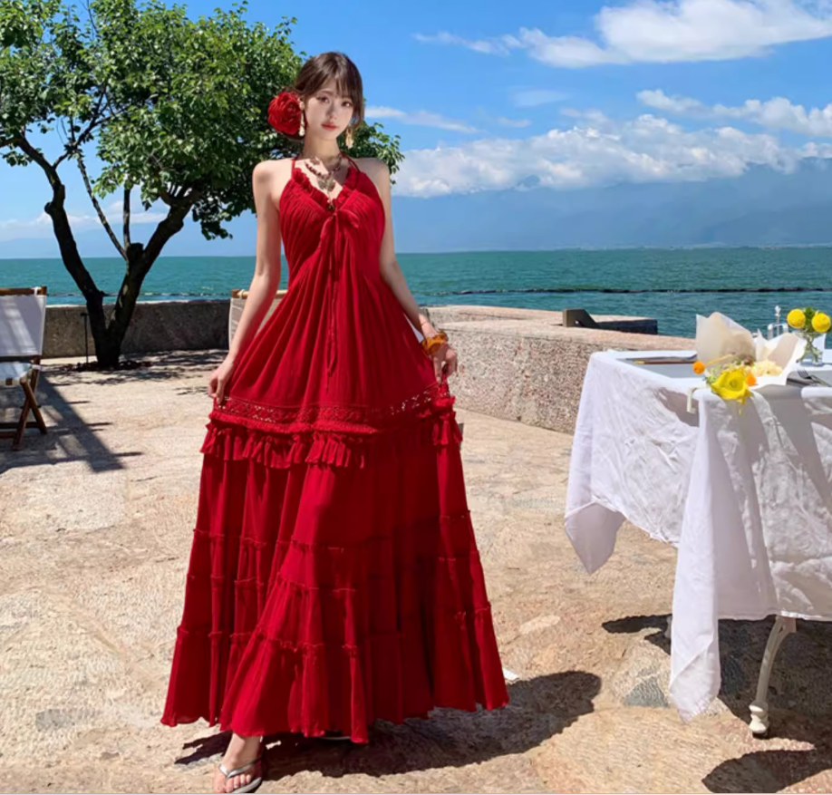 Ruffles Hem Lightweight Flowy Vacation Sundress Backless V Neck Halter Long Dress AP0414