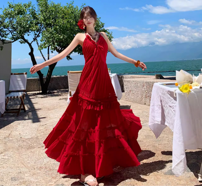Ruffles Hem Lightweight Flowy Vacation Sundress Backless V Neck Halter Long Dress AP0414