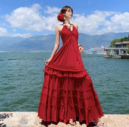 Ruffles Hem Lightweight Flowy Vacation Sundress Backless V Neck Halter Long Dress AP0414