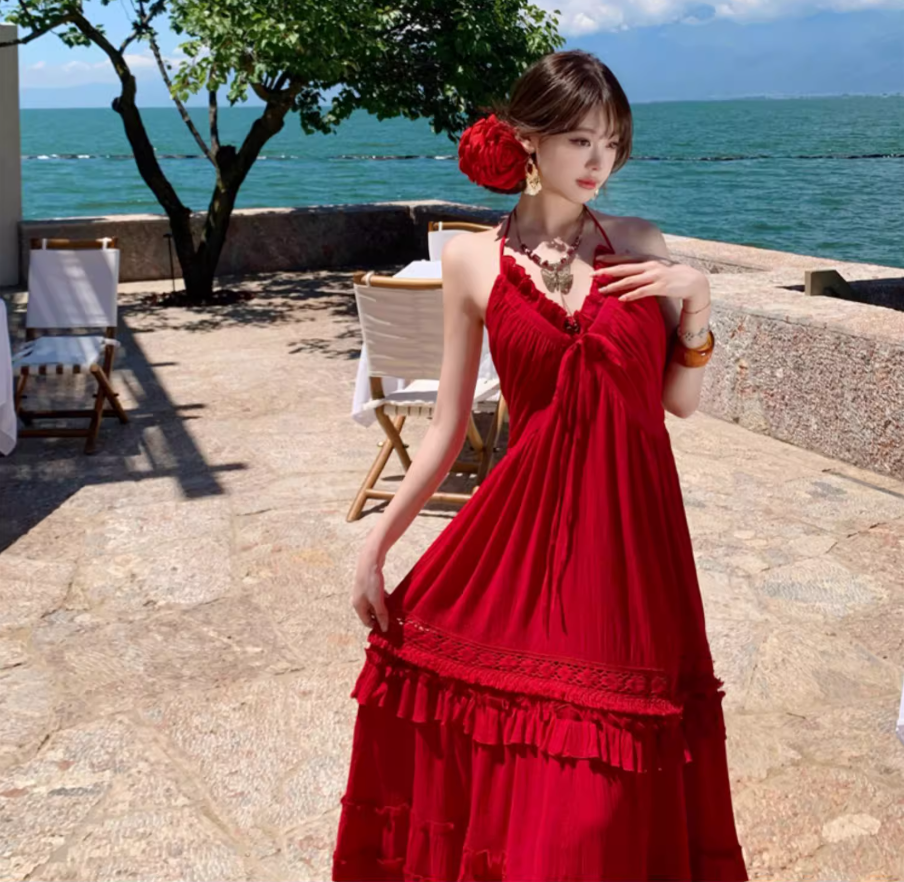 Ruffles Hem Lightweight Flowy Vacation Sundress Backless V Neck Halter Long Dress AP0414