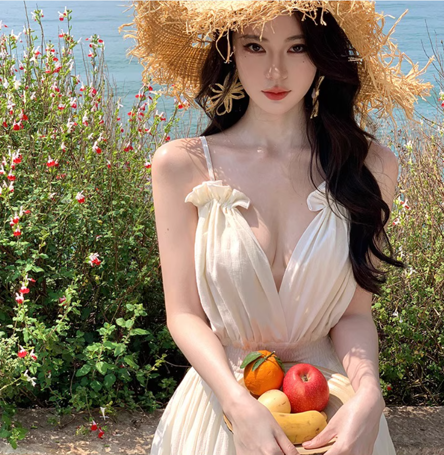 V Neck Backless Beach Elegant Tiered Dress Spaghetti Strap Ruffled Vacation Long Dress AP0415