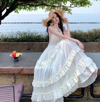 V Neck Backless Beach Elegant Tiered Dress Spaghetti Strap Ruffled Vacation Long Dress AP0415