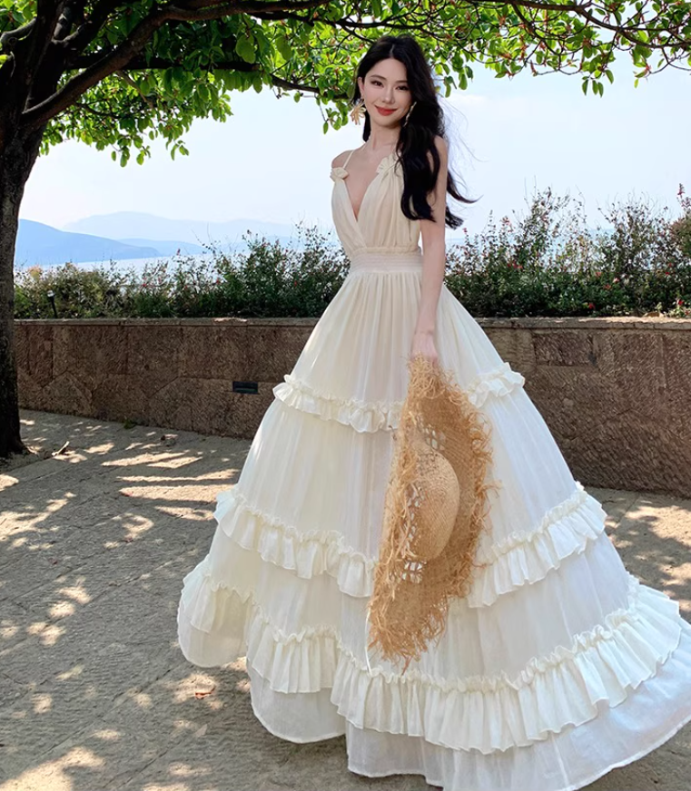 V Neck Backless Beach Elegant Tiered Dress Spaghetti Strap Ruffled Vacation Long Dress AP0415
