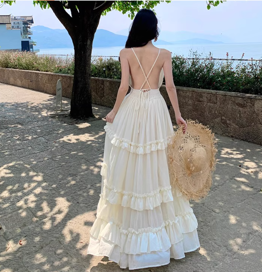 V Neck Backless Beach Elegant Tiered Dress Spaghetti Strap Ruffled Vacation Long Dress AP0415