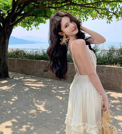 V Neck Backless Beach Elegant Tiered Dress Spaghetti Strap Ruffled Vacation Long Dress AP0415
