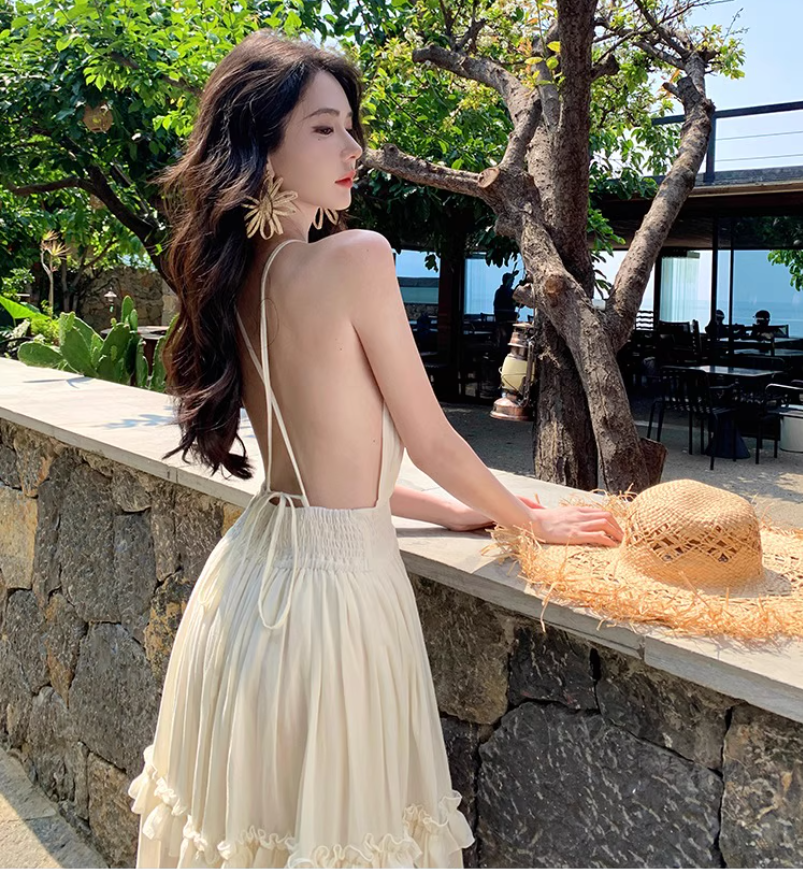 V Neck Backless Beach Elegant Tiered Dress Spaghetti Strap Ruffled Vacation Long Dress AP0415