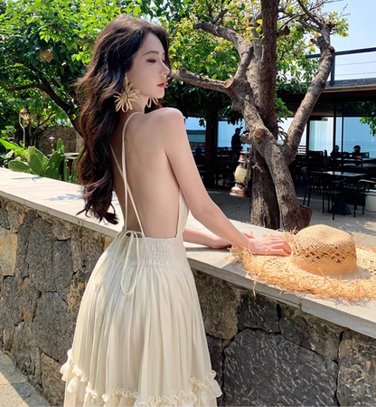V Neck Backless Beach Elegant Tiered Dress Spaghetti Strap Ruffled Vacation Long Dress AP0415
