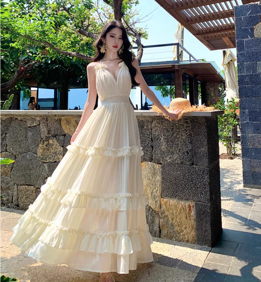 V Neck Backless Beach Elegant Tiered Dress Spaghetti Strap Ruffled Vacation Long Dress AP0415
